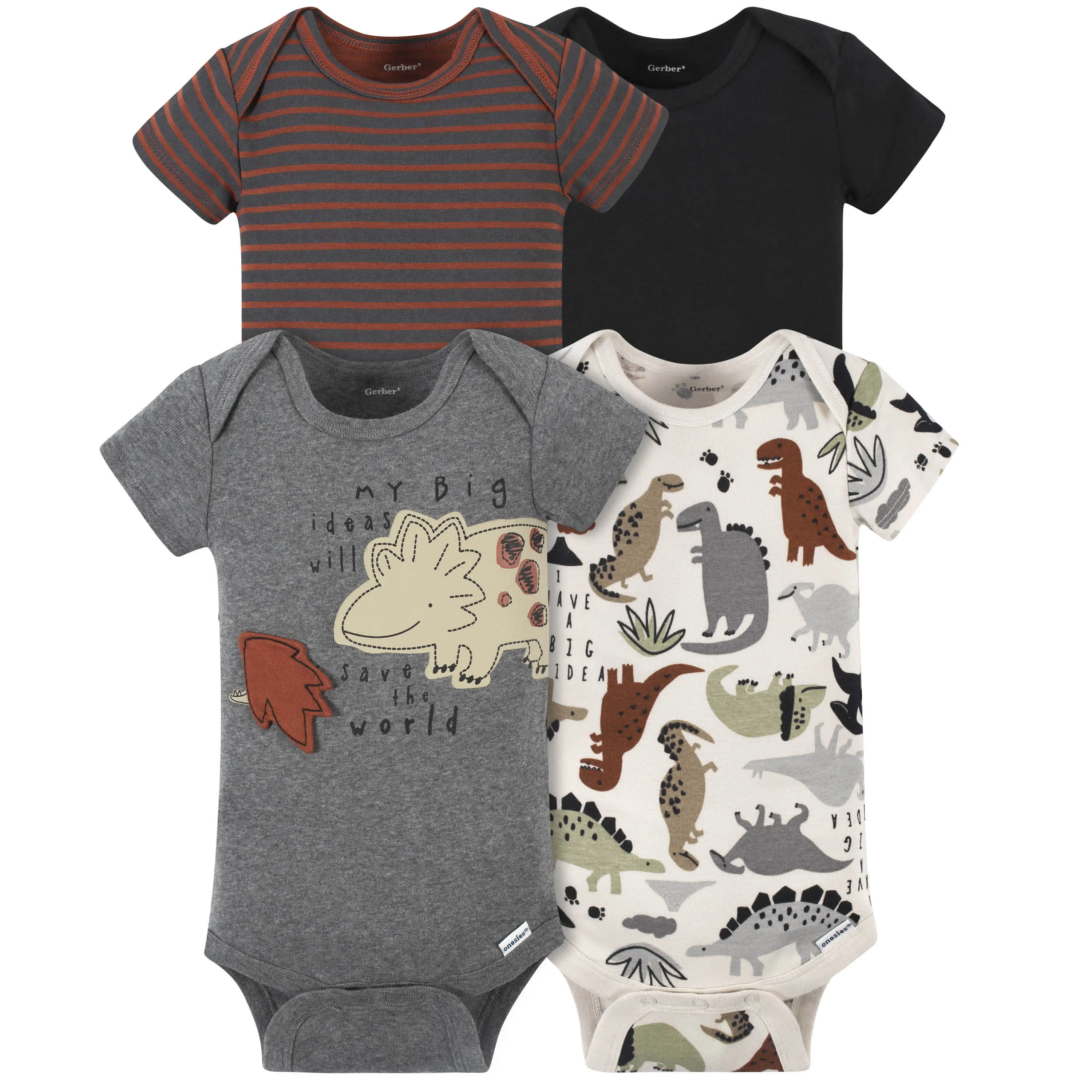 4-Pack Baby Boys Dino Short Sleeve Onesies Bodysuits Gerber Childrenswea