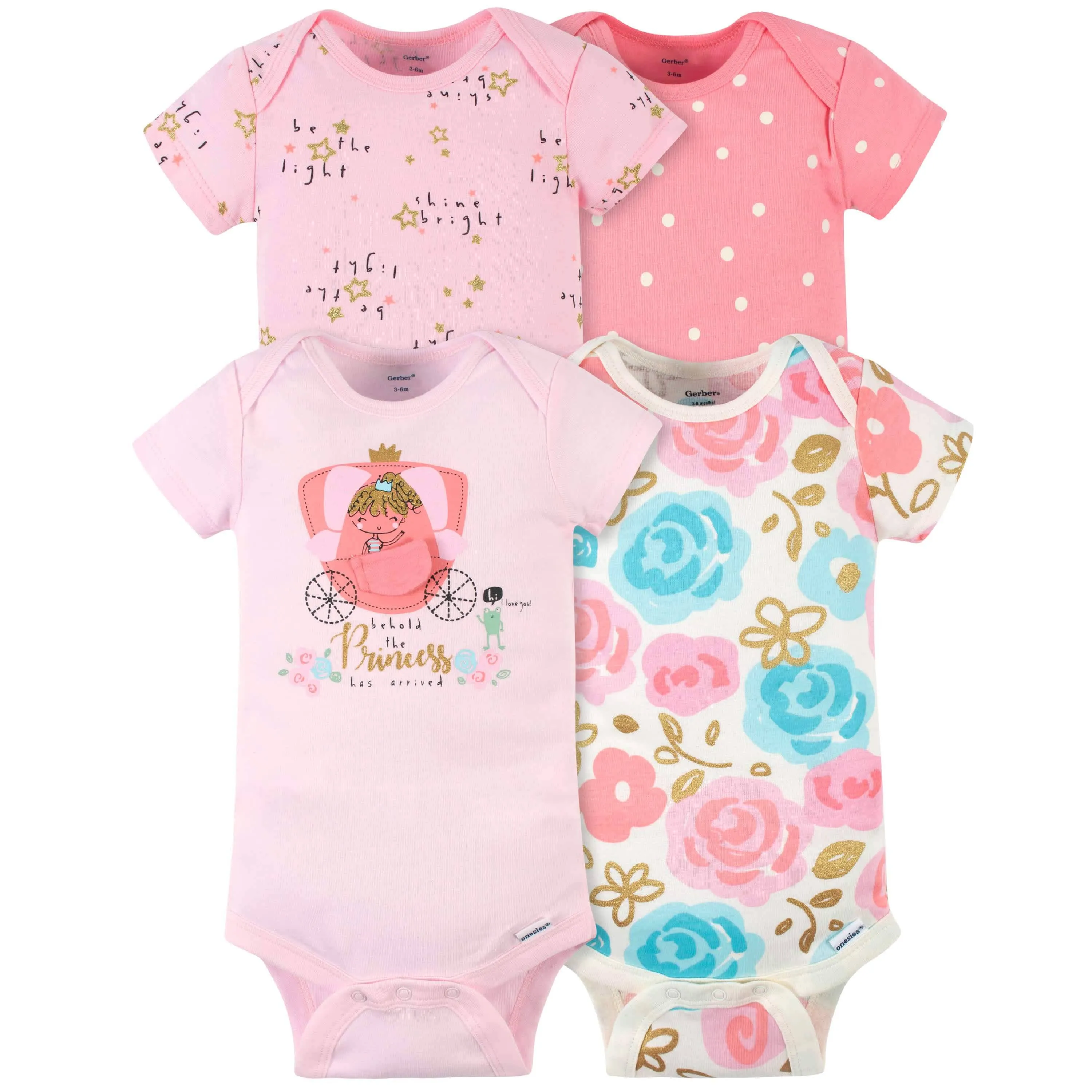4-Pack Baby Girls Princess Short Sleeve Onesies Bodysuits Gerber Childrenswea