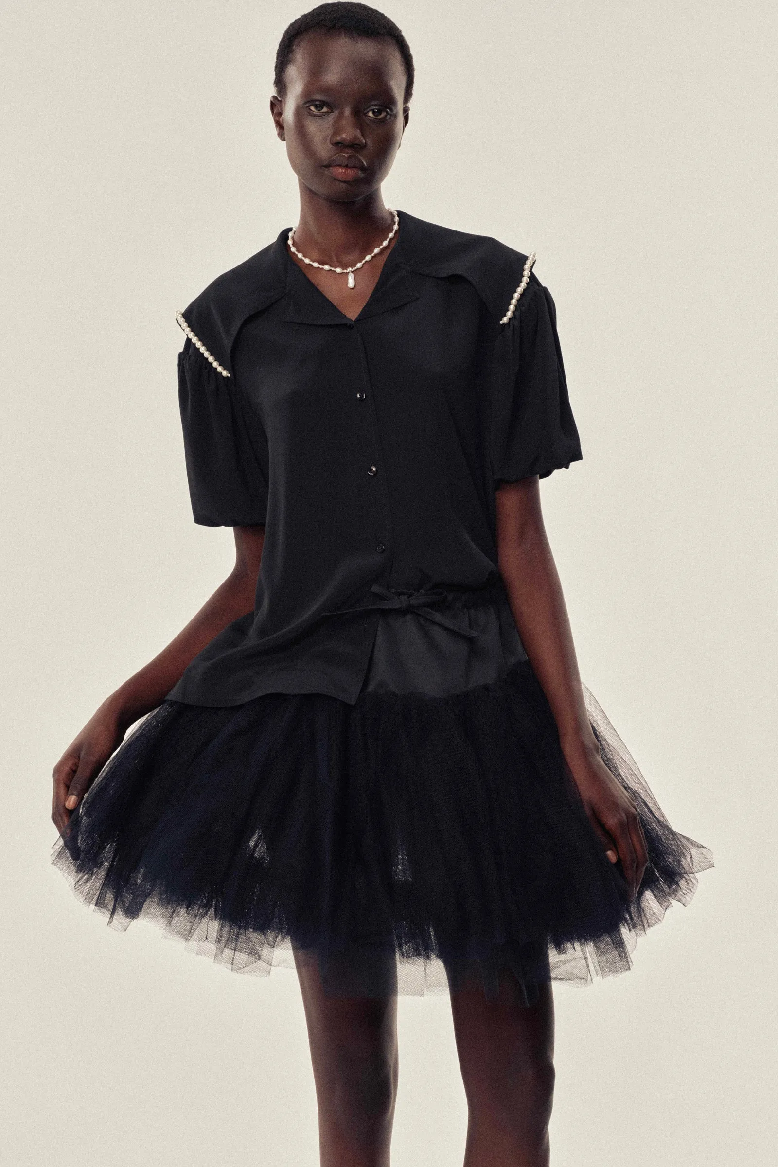 Beaded Sailor Collar Puff Sleeve Shirt