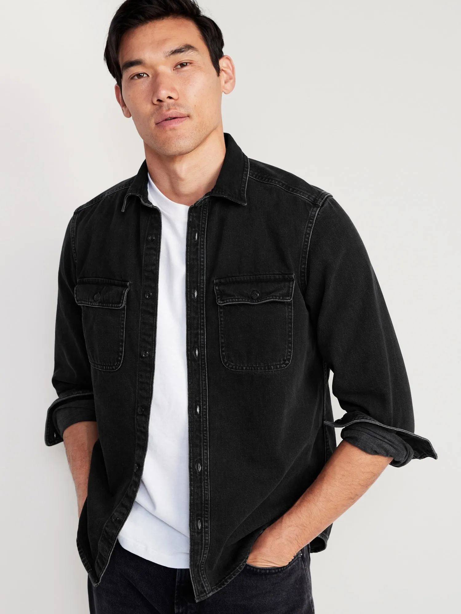 Black Jean Utility Workwear Shirt for Men