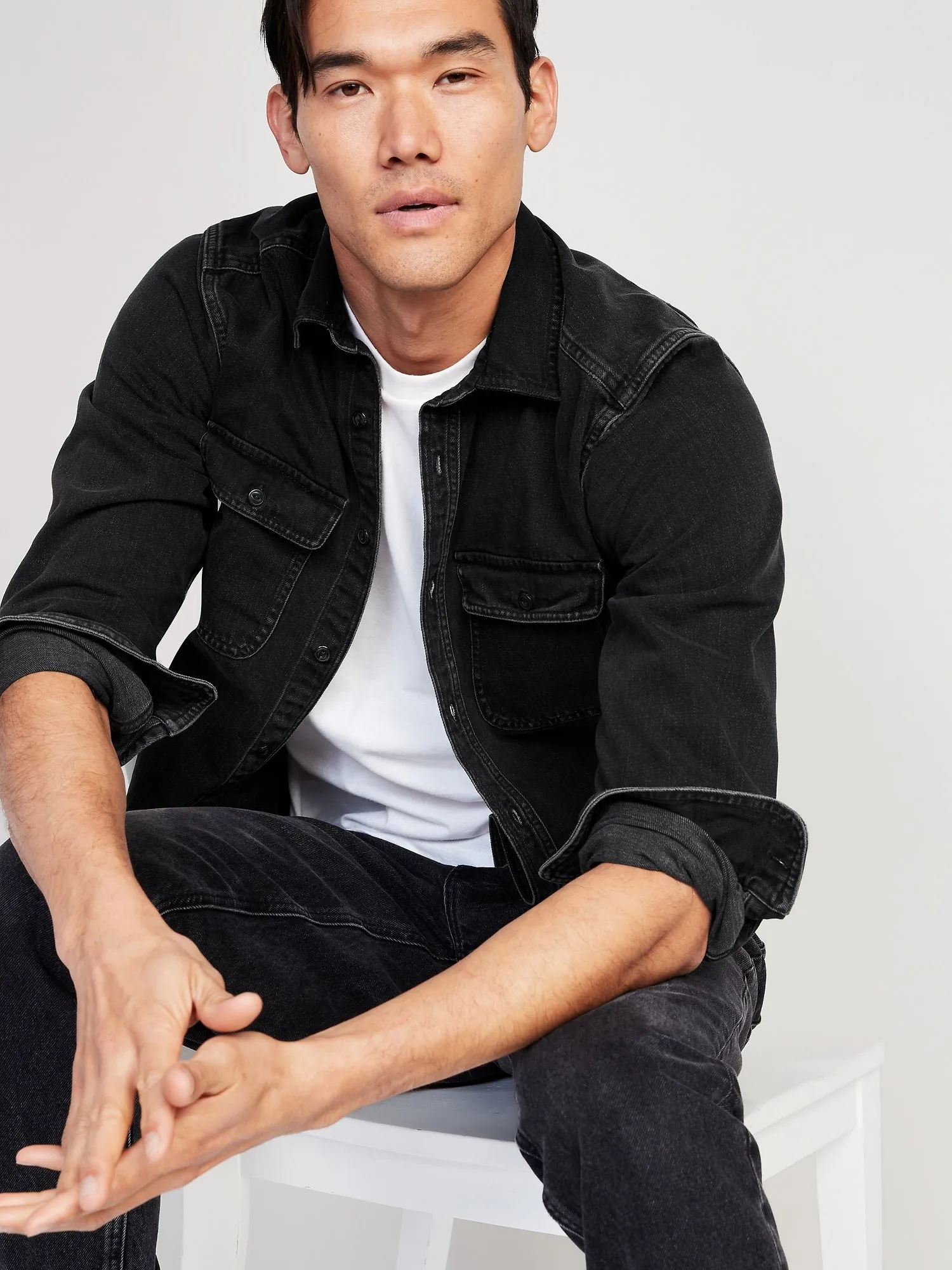 Black Jean Utility Workwear Shirt for Men