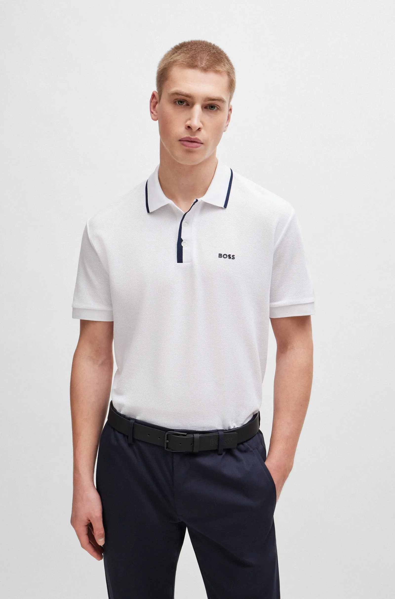 Boss Honeycomb-Cotton Polo Shirt With Contrast Logo - Men