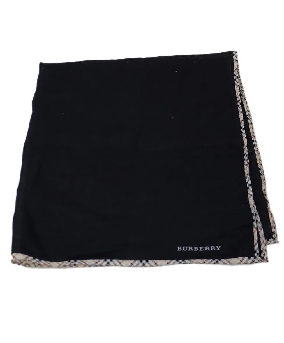 Burberry Black Cotton & Plaid Trim Scarf