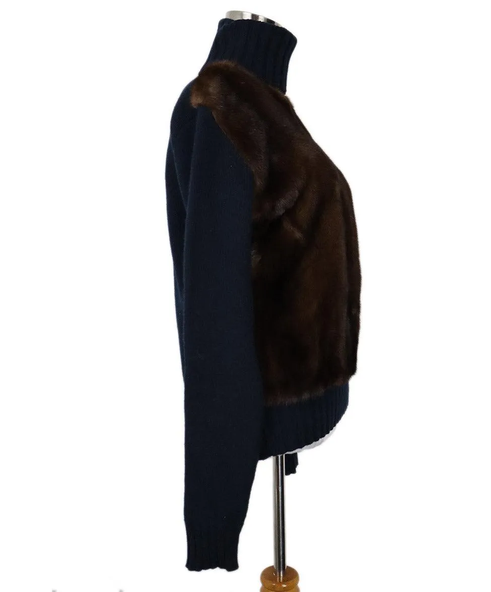 Celine Navy Cashmere & Brown Mink Sweater sz 2