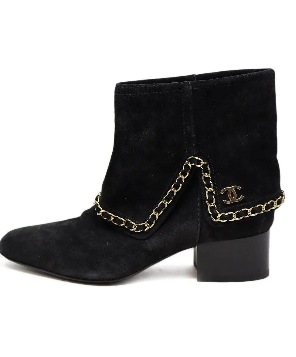 Chanel Black Suede & Gold Chain Booties sz 7