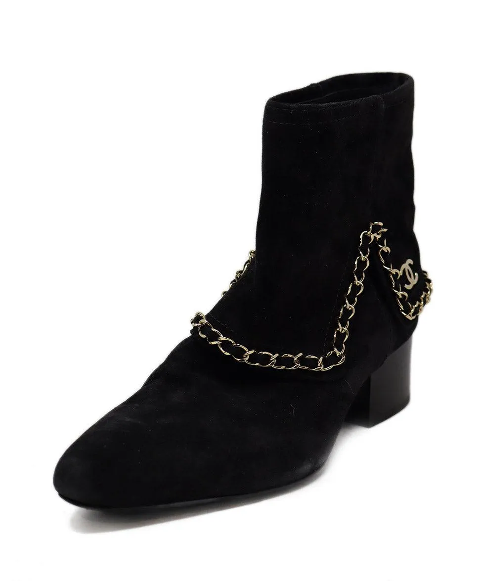 Chanel Black Suede & Gold Chain Booties sz 7