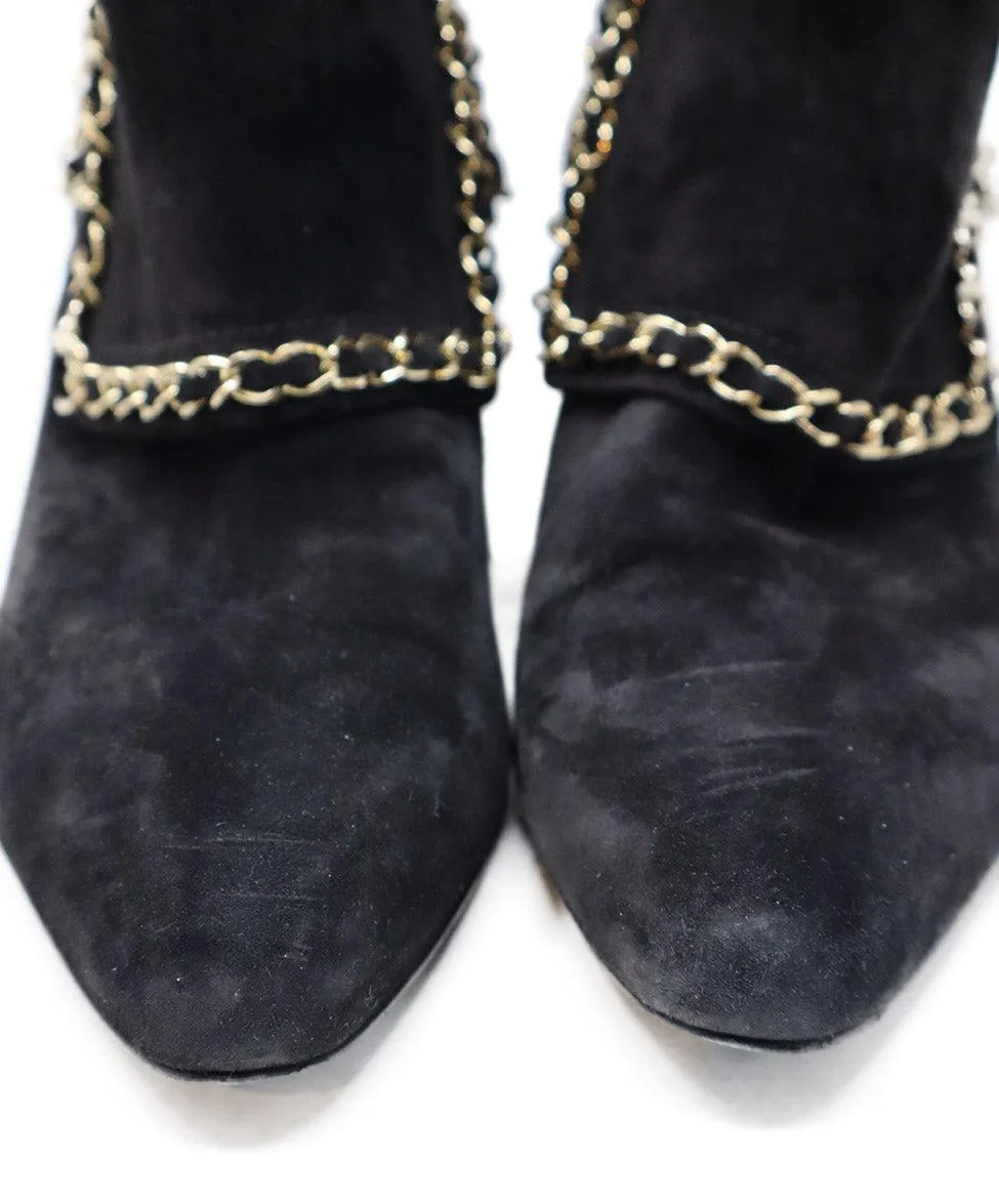 Chanel Black Suede & Gold Chain Booties sz 7