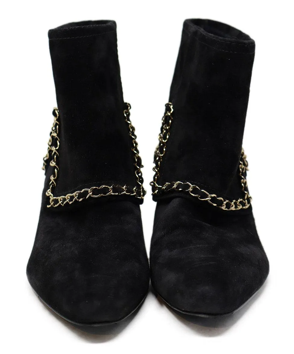 Chanel Black Suede & Gold Chain Booties sz 7