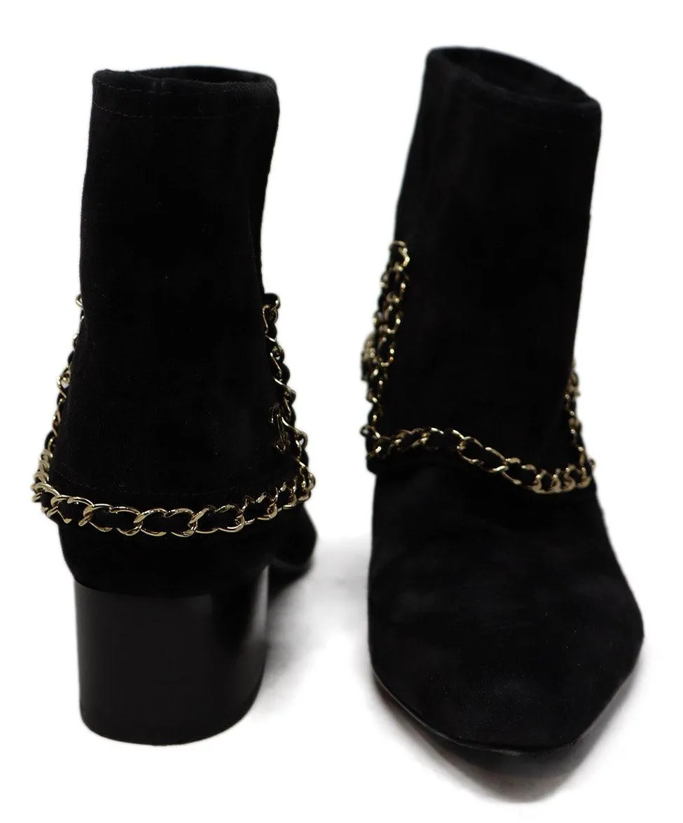 Chanel Black Suede & Gold Chain Booties sz 7
