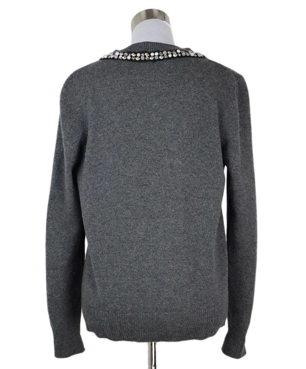 Chanel Grey Cashmere Cardigan w/ Stone Trim sz 14