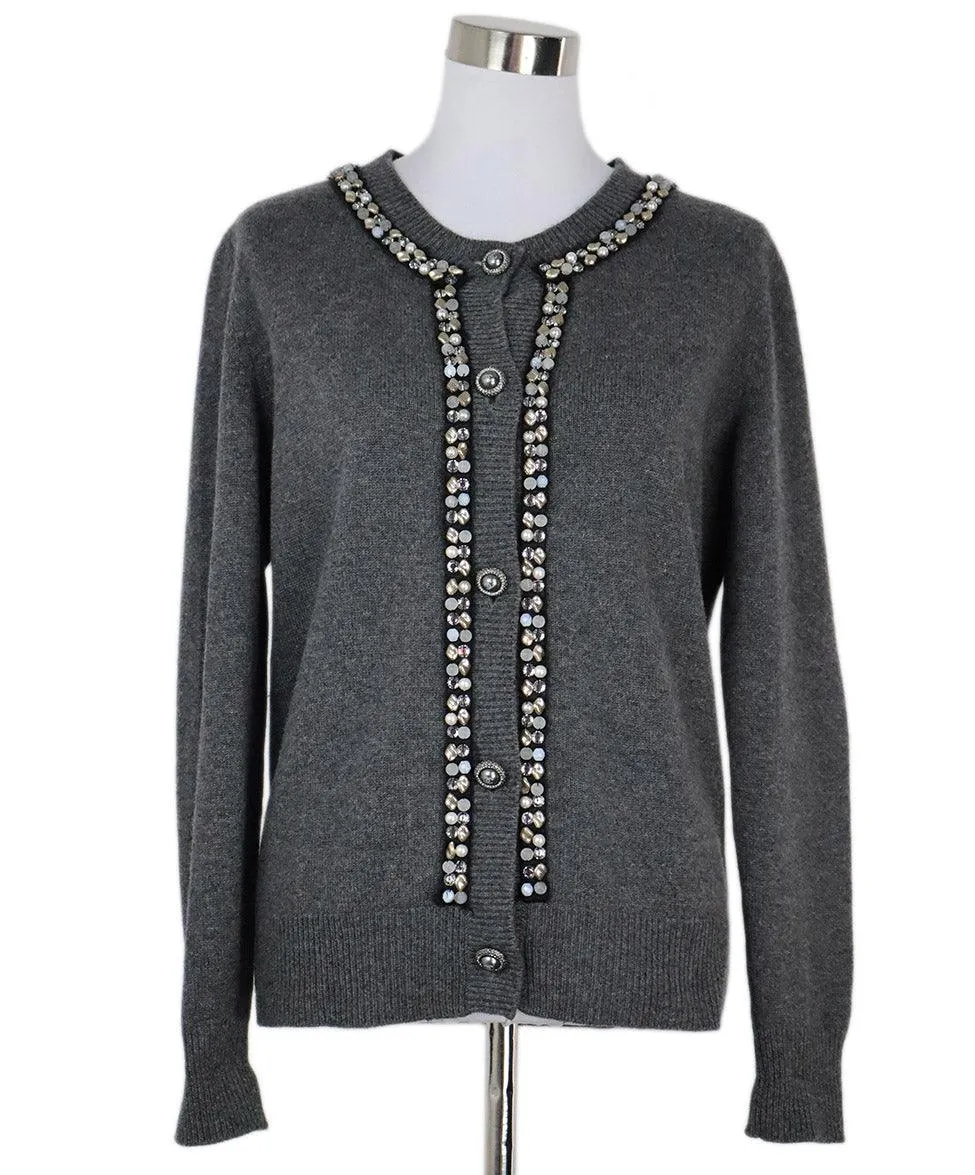 Chanel Grey Cashmere Cardigan w/ Stone Trim sz 14