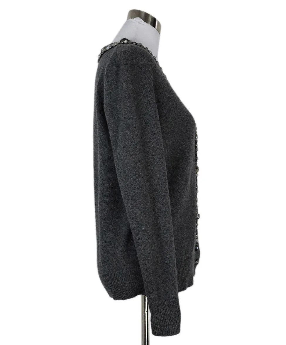 Chanel Grey Cashmere Cardigan w/ Stone Trim sz 14