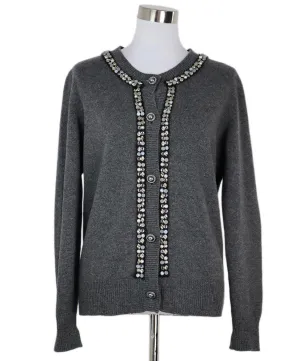 Chanel Grey Cashmere Cardigan w/ Stone Trim sz 14