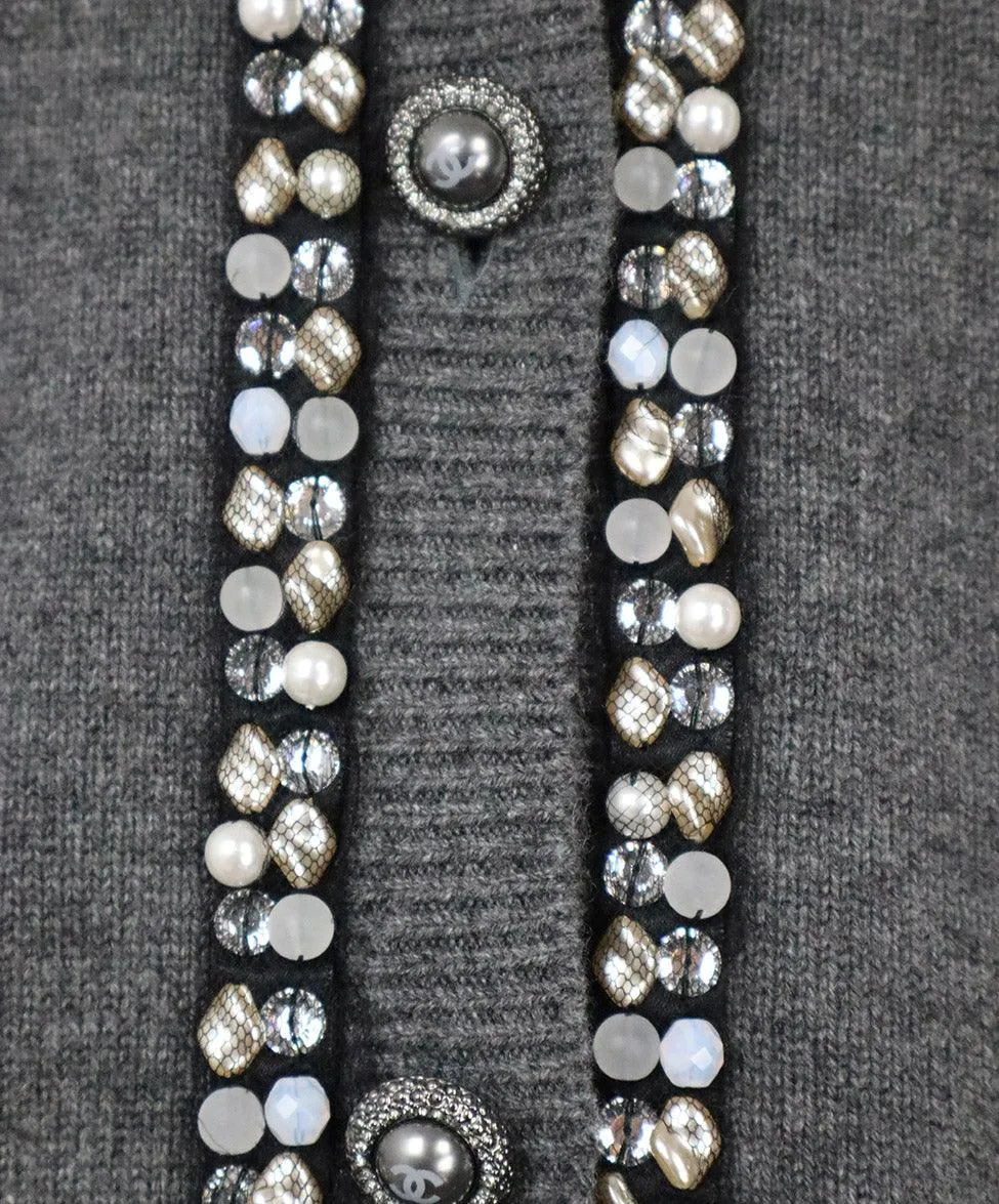 Chanel Grey Cashmere Cardigan w/ Stone Trim sz 14