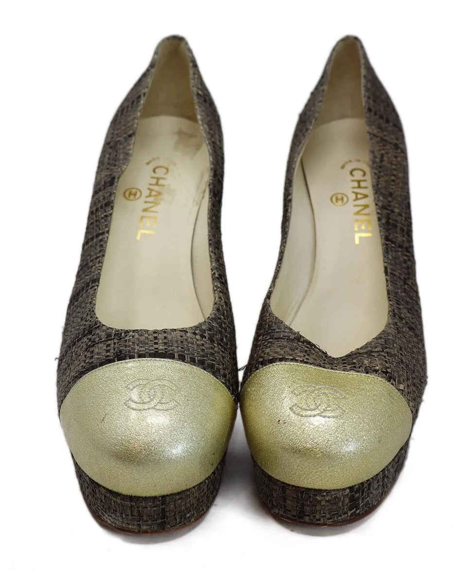 Chanel Neutral Raffia & Gold Trim Platform Heels sz 10