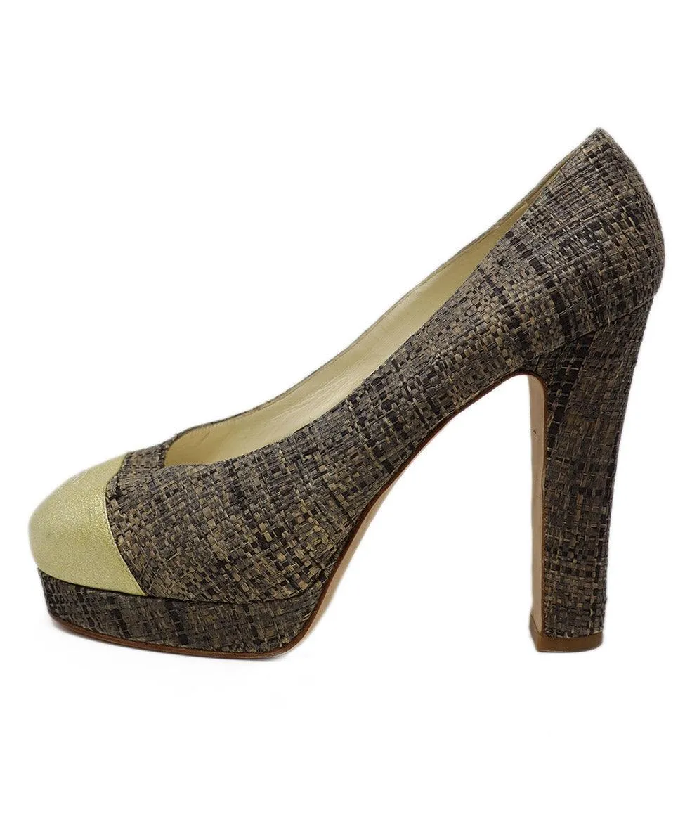 Chanel Neutral Raffia & Gold Trim Platform Heels sz 10