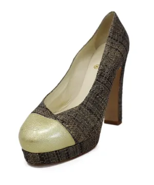 Chanel Neutral Raffia & Gold Trim Platform Heels sz 10