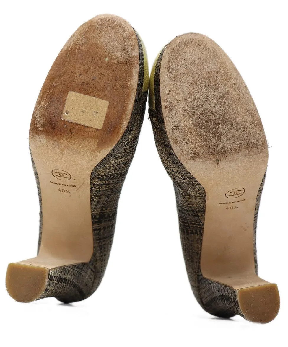 Chanel Neutral Raffia & Gold Trim Platform Heels sz 10