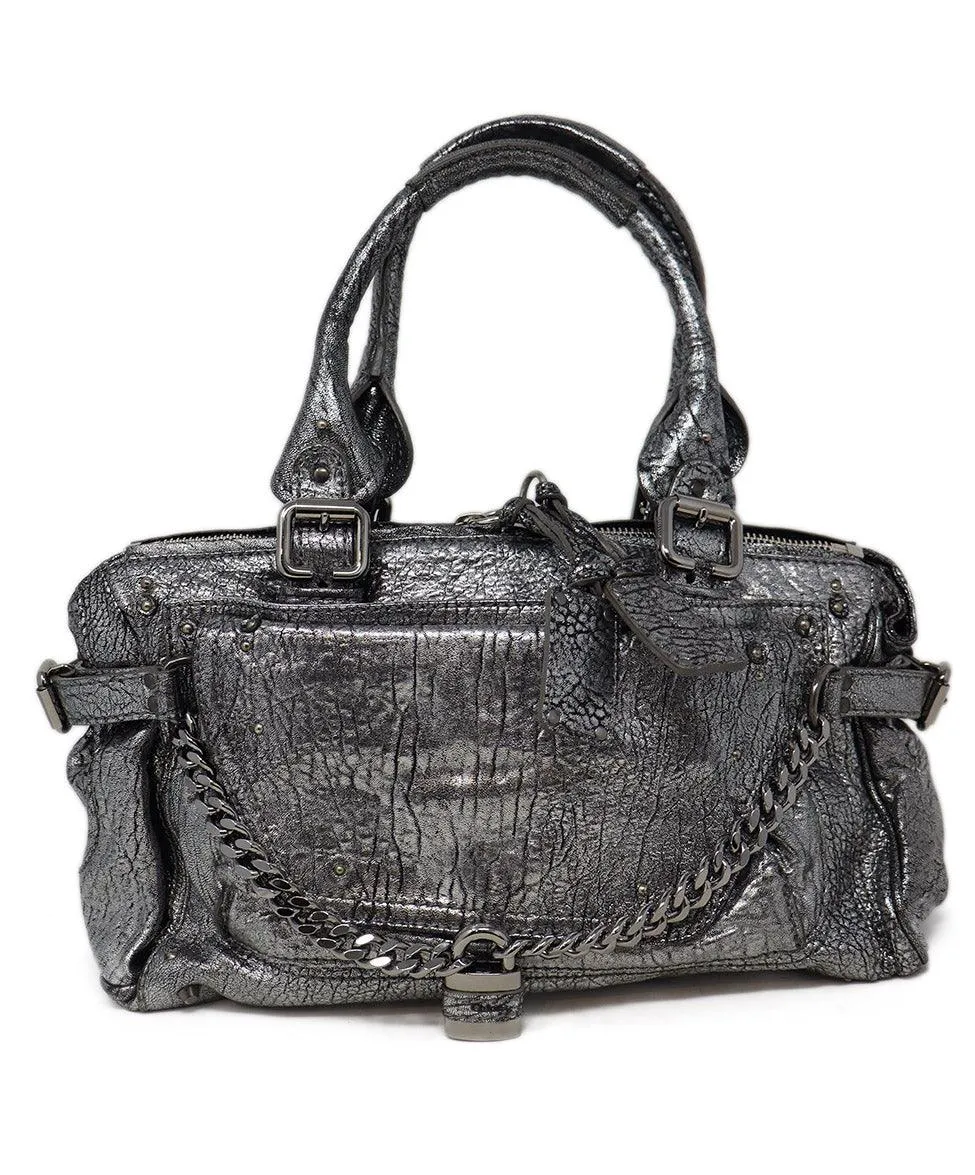 Chloe Silver Grained Leather Paddington Bag