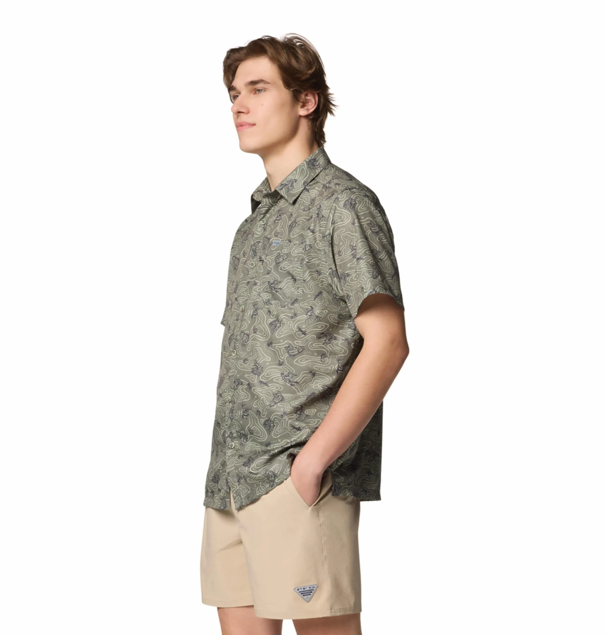 Columbia Men Green Omni-Shade Super Slack Tide Camp Short Sleeve Shirt