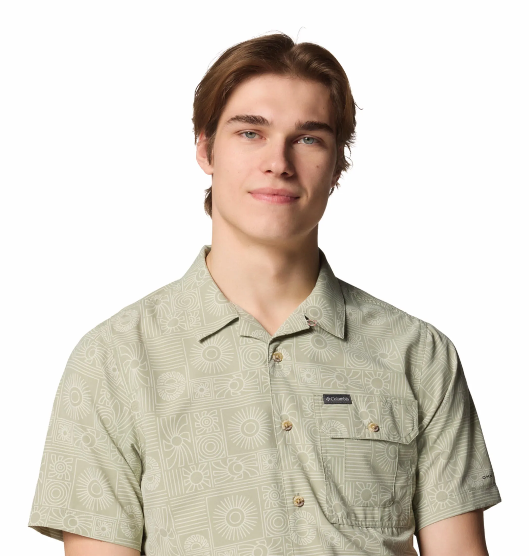 Columbia Men Green Omni-Shade Tech Trail Utility Printed Woven Short Sleeve Shirt