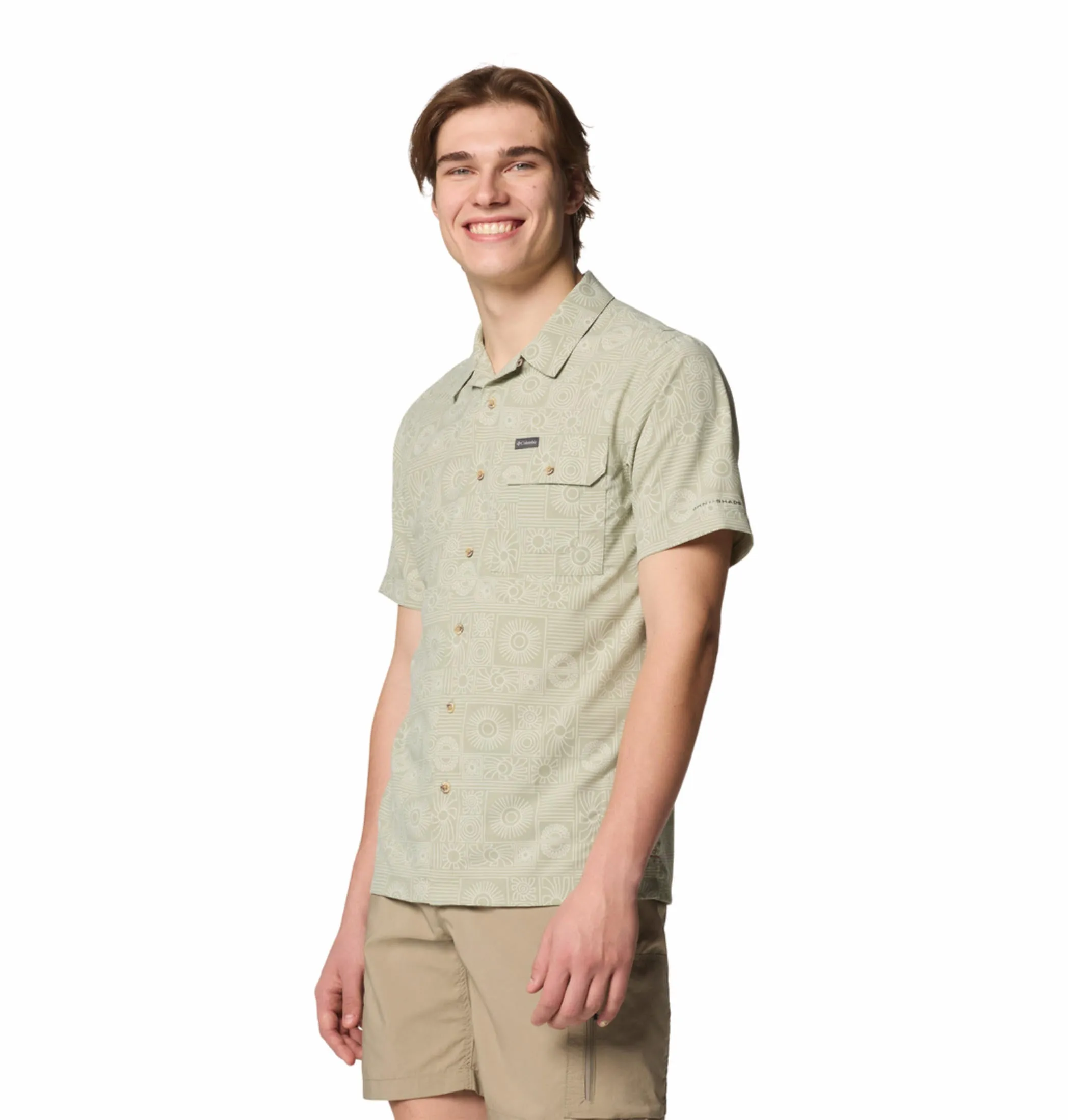 Columbia Men Green Omni-Shade Tech Trail Utility Printed Woven Short Sleeve Shirt