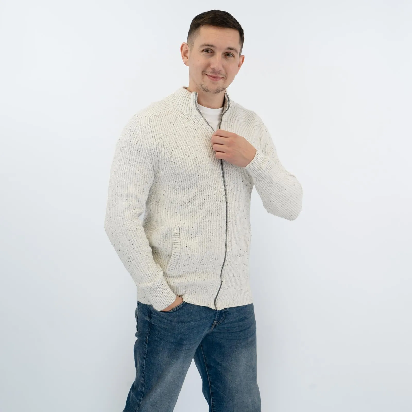 Crew Clothing Mens Chunky Knit Jacket White Flecks