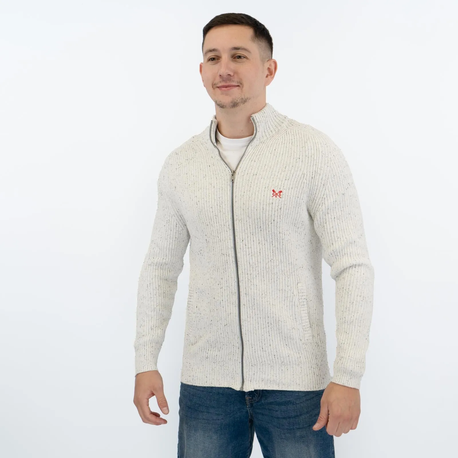 Crew Clothing Mens Chunky Knit Jacket White Flecks