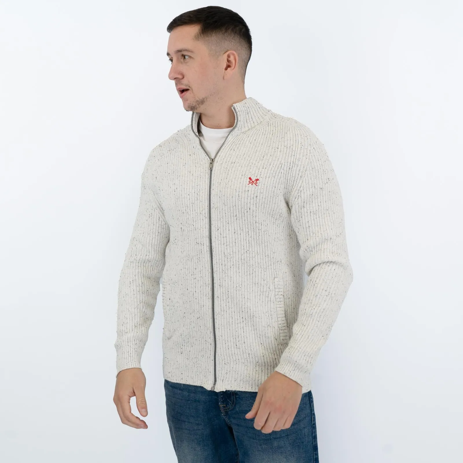 Crew Clothing Mens Chunky Knit Jacket White Flecks