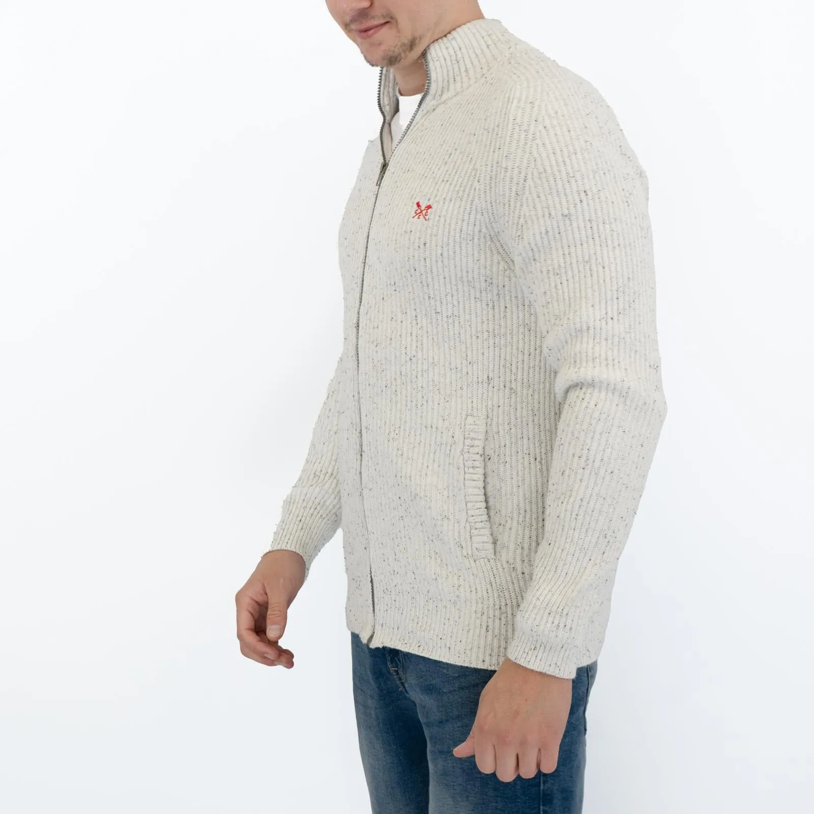 Crew Clothing Mens Chunky Knit Jacket White Flecks