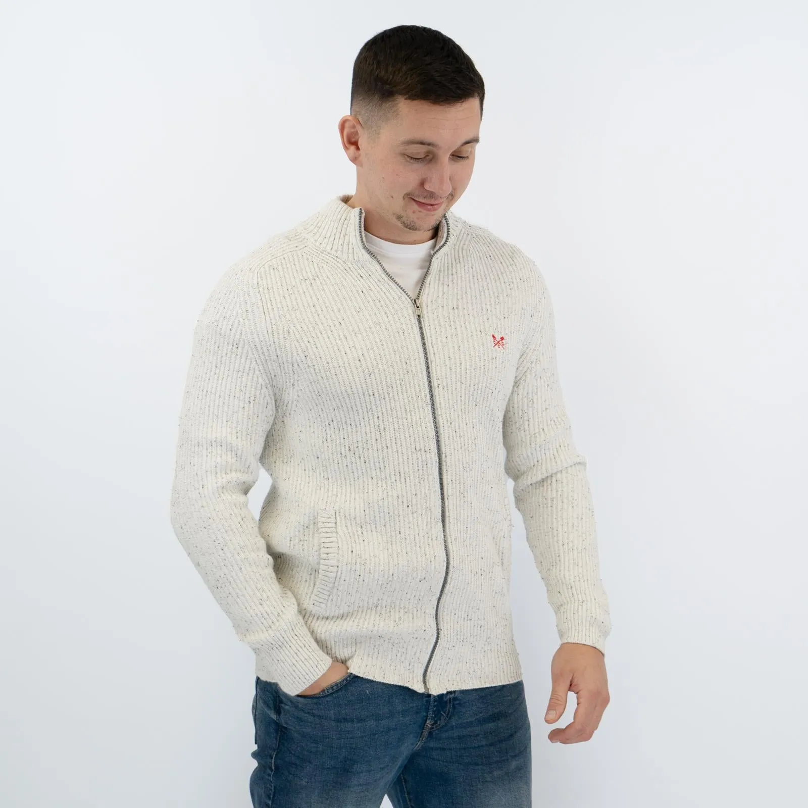 Crew Clothing Mens Chunky Knit Jacket White Flecks