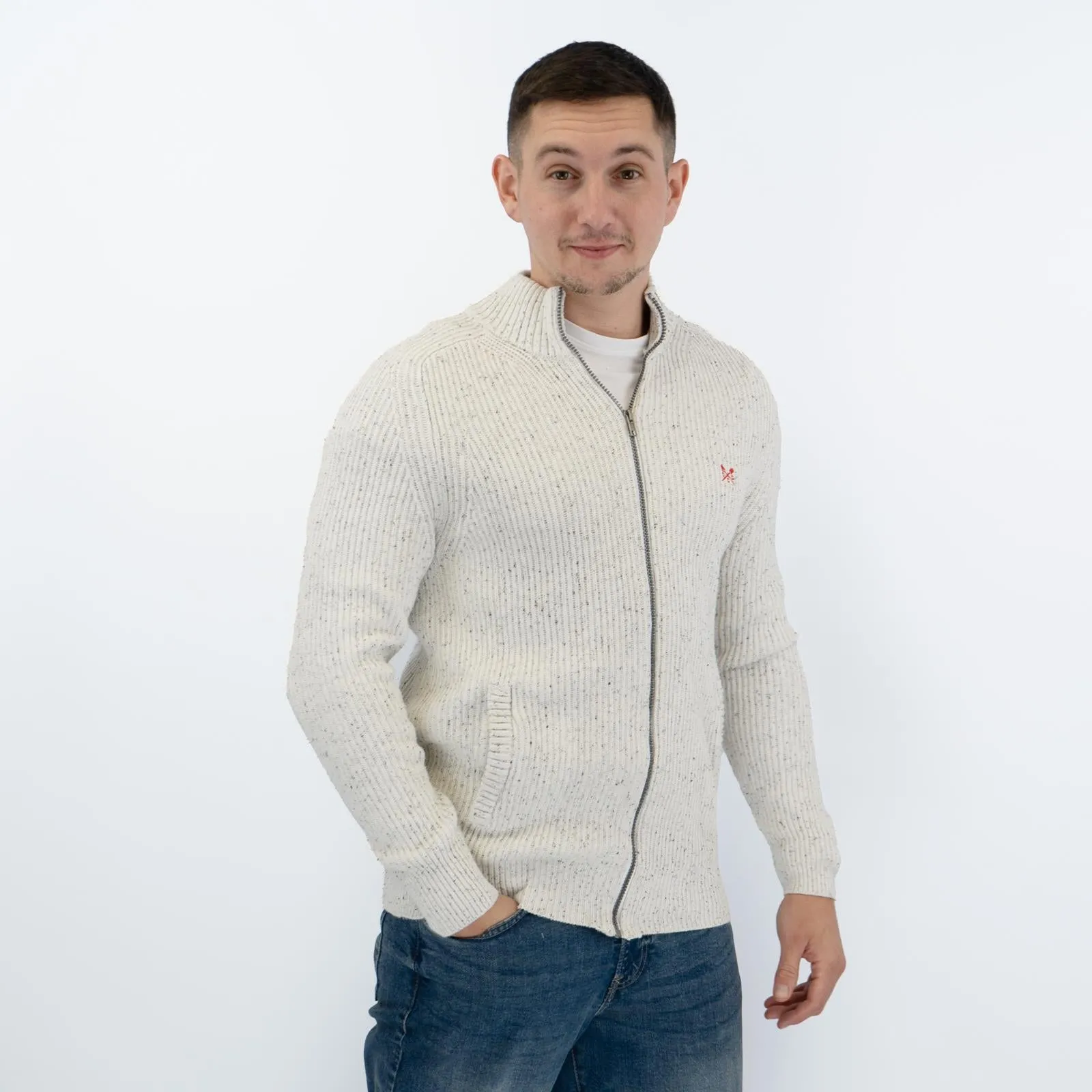 Crew Clothing Mens Chunky Knit Jacket White Flecks