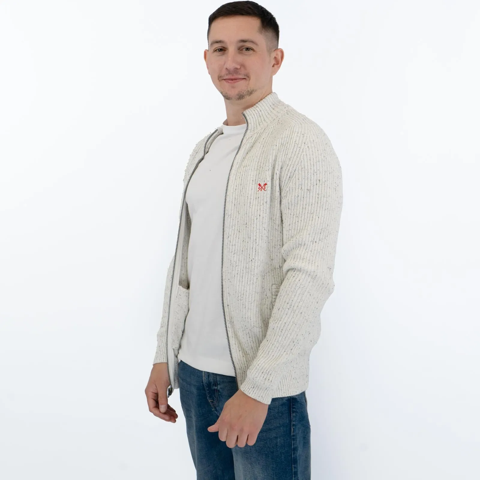 Crew Clothing Mens Chunky Knit Jacket White Flecks