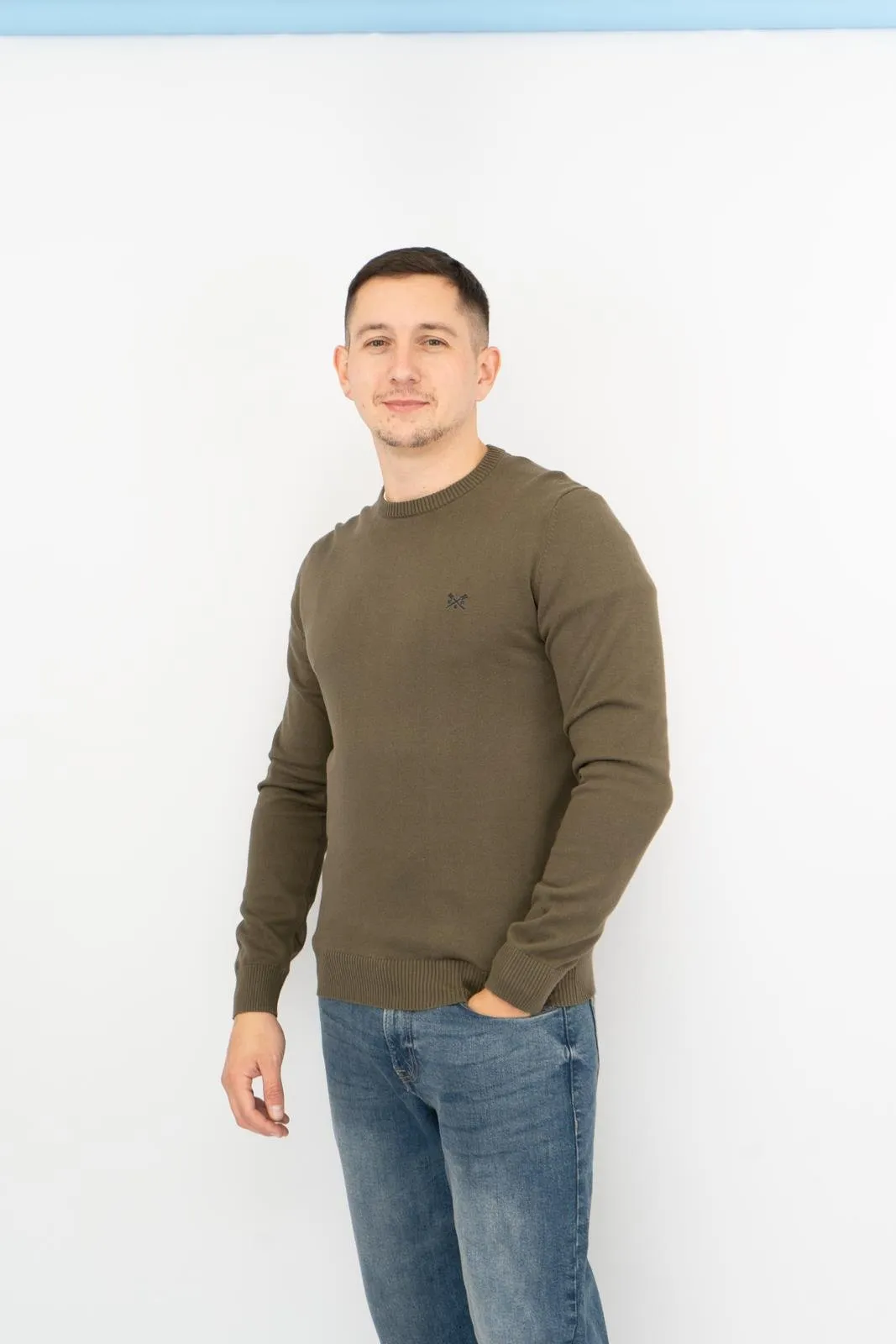 Crew Clothing Mens Knitted Jumper Long Sleeve Khaki Green