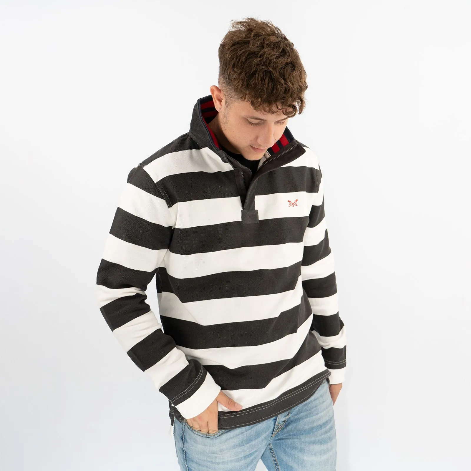 Crew Clothing Mens Padstow White Striped Classic Half Zip Sweatshirt Jumper Tops