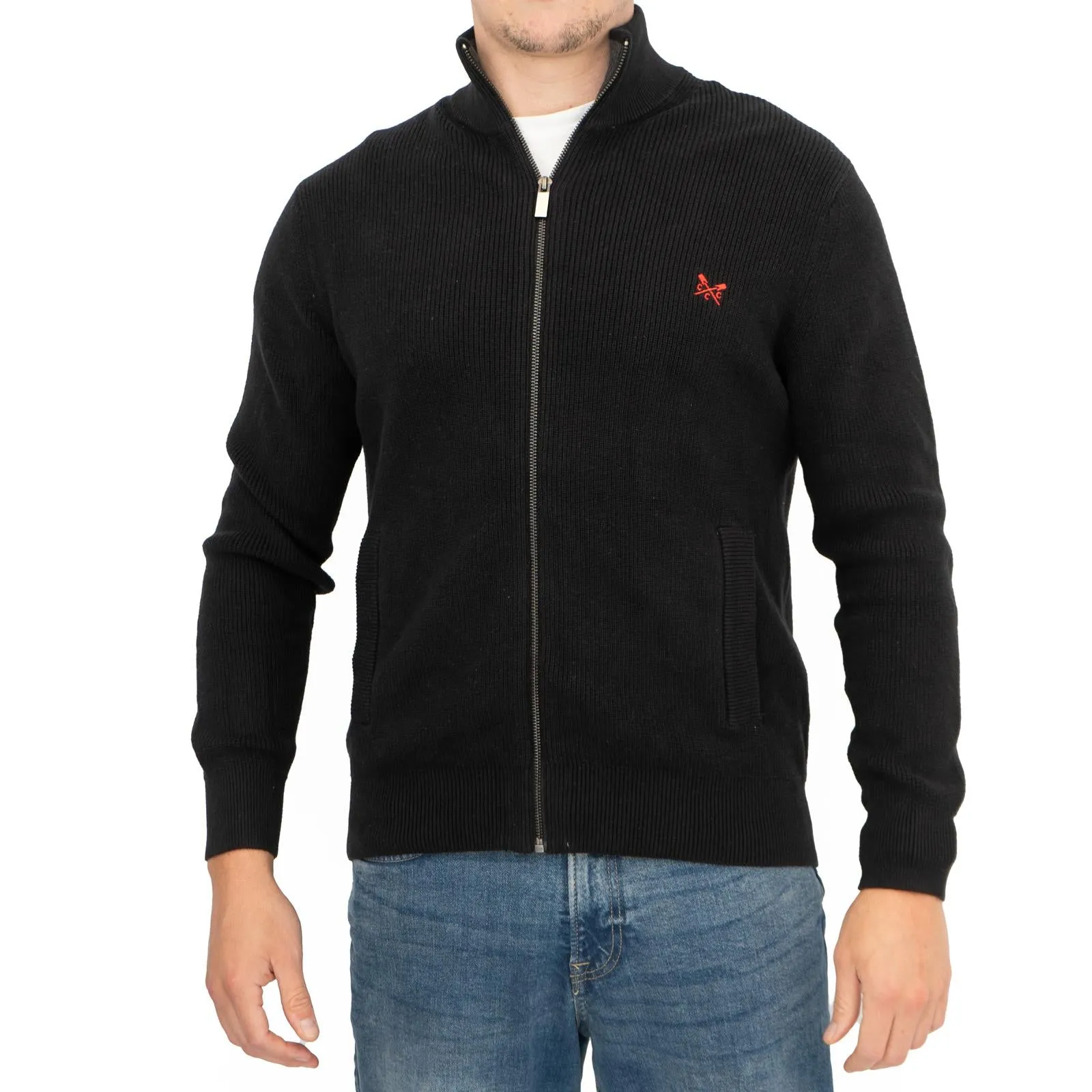 Crew Clothing Mens Zip Up Black Knit Jacket