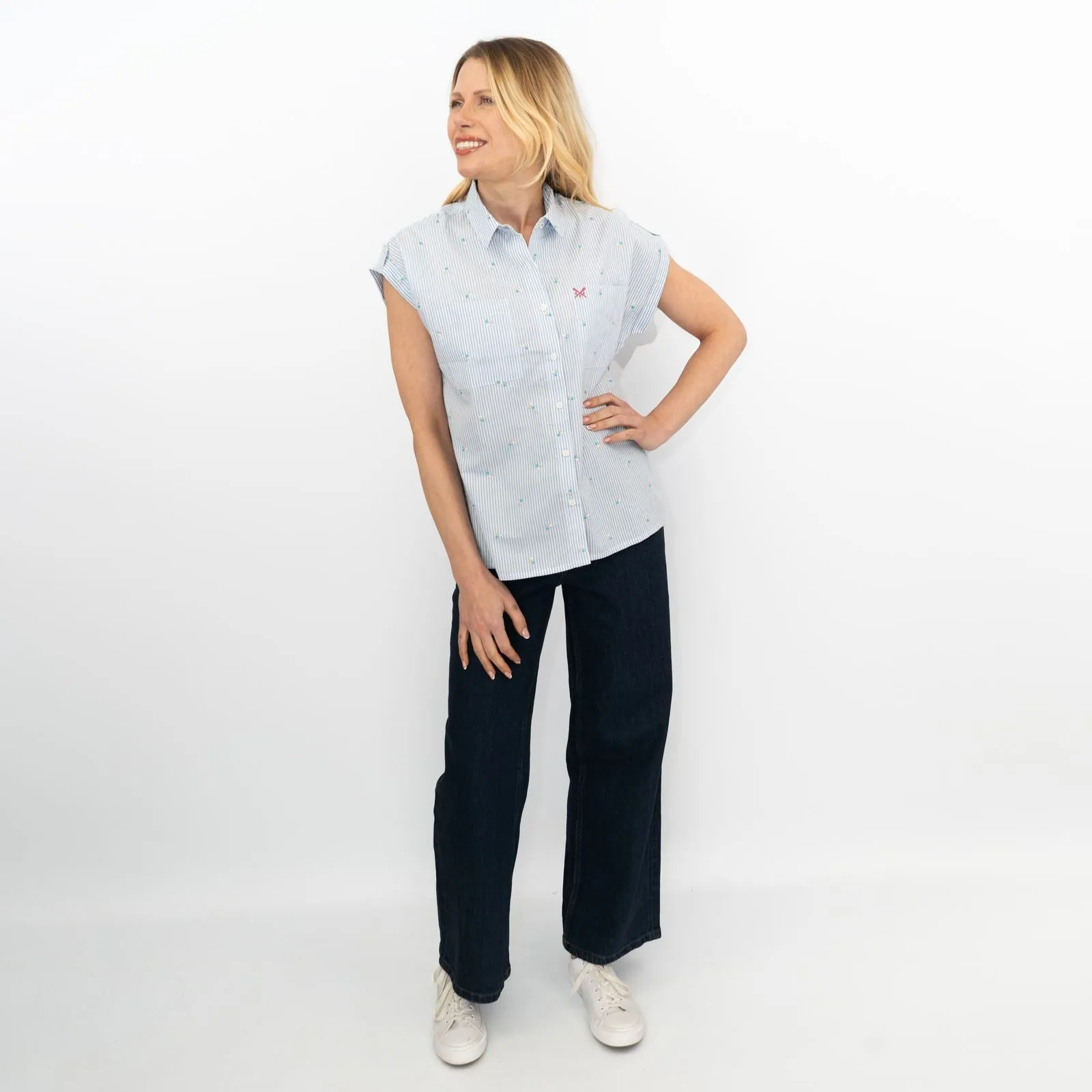 Crew Clothing Womens Blue Striped Embroidered Shirt