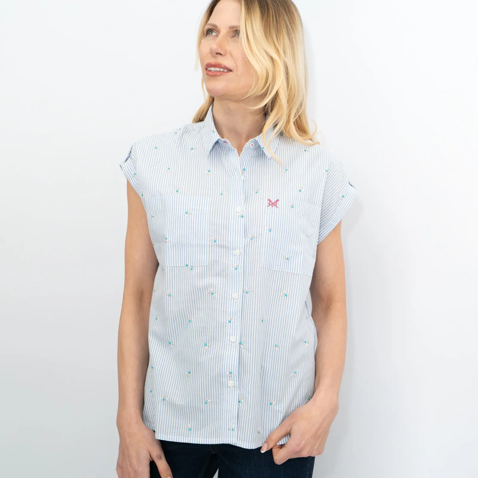 Crew Clothing Womens Blue Striped Embroidered Shirt