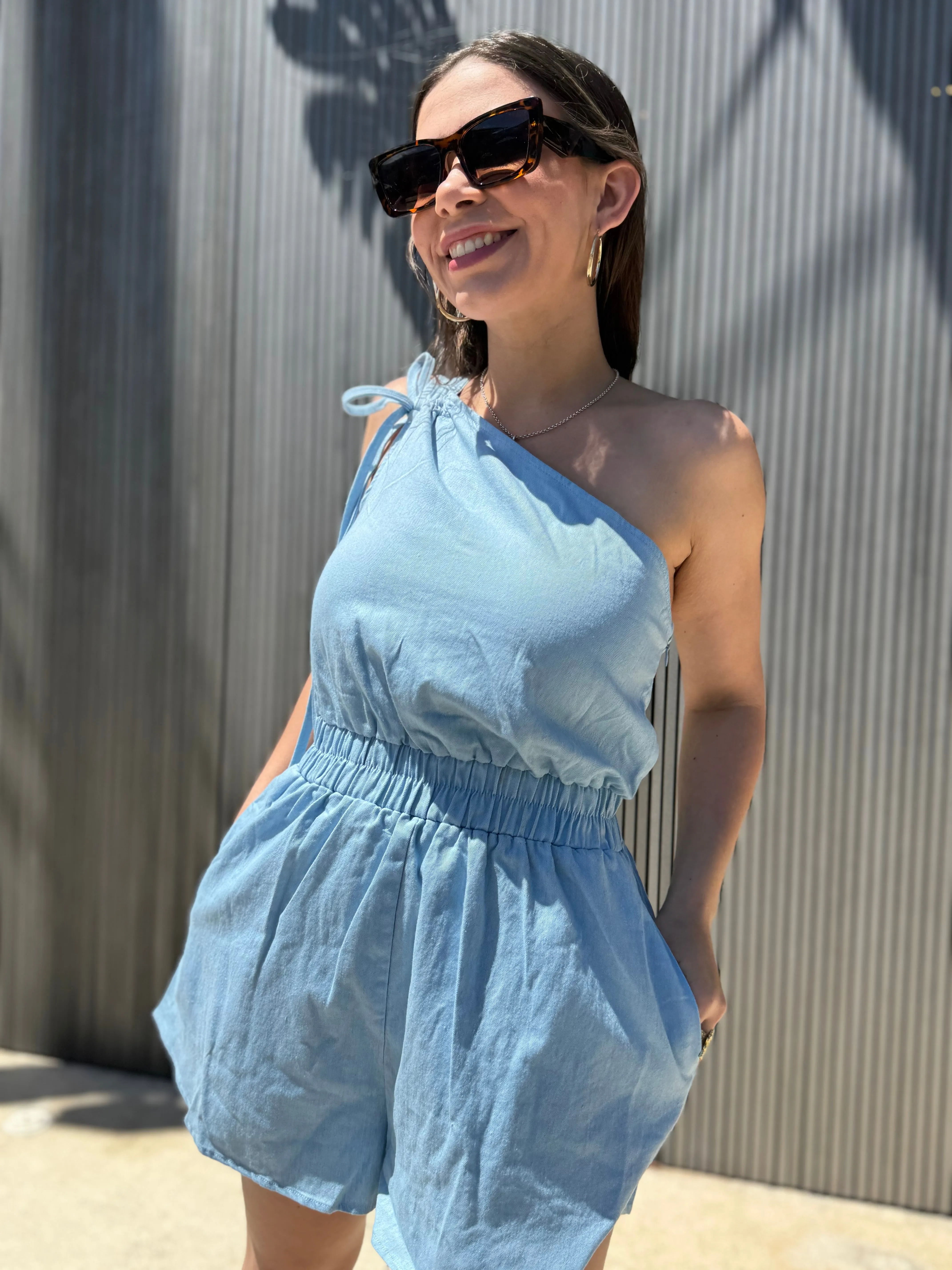 Denim One Shoulder Romper
