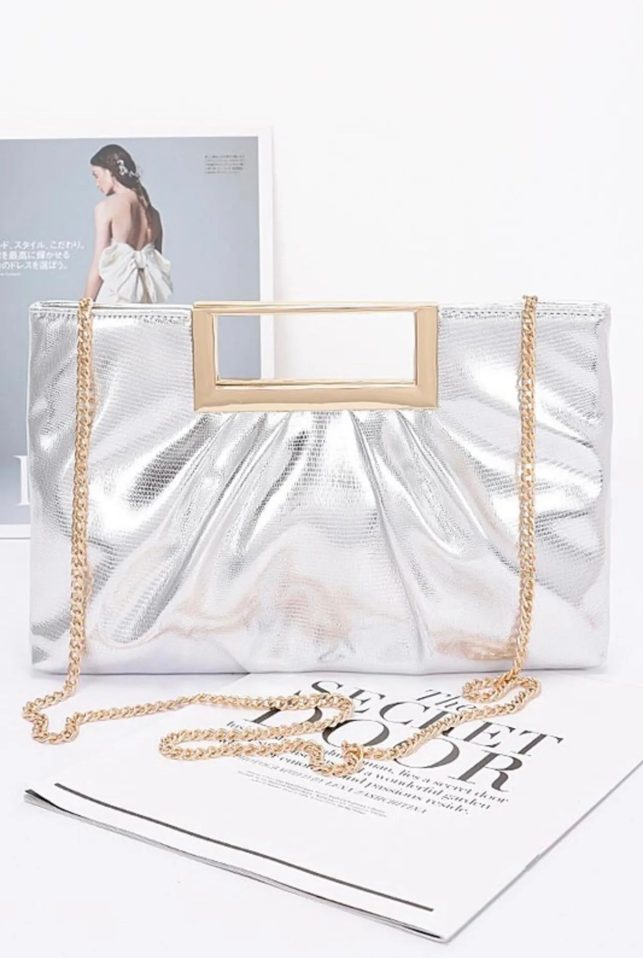 Faux Leather Metal Handle Clutch