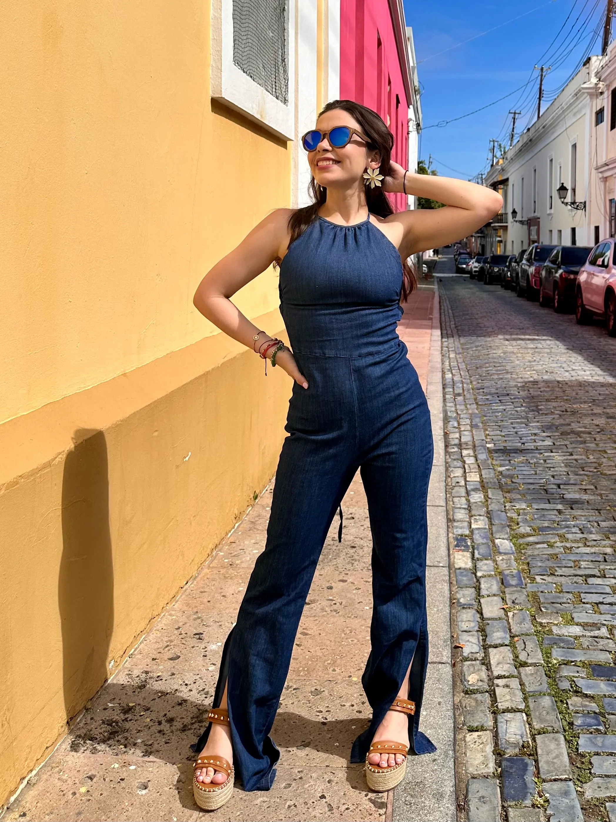 Flare Side Slit Denim Jumpsuit