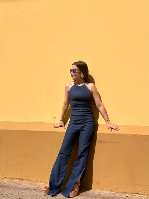 Flare Side Slit Denim Jumpsuit