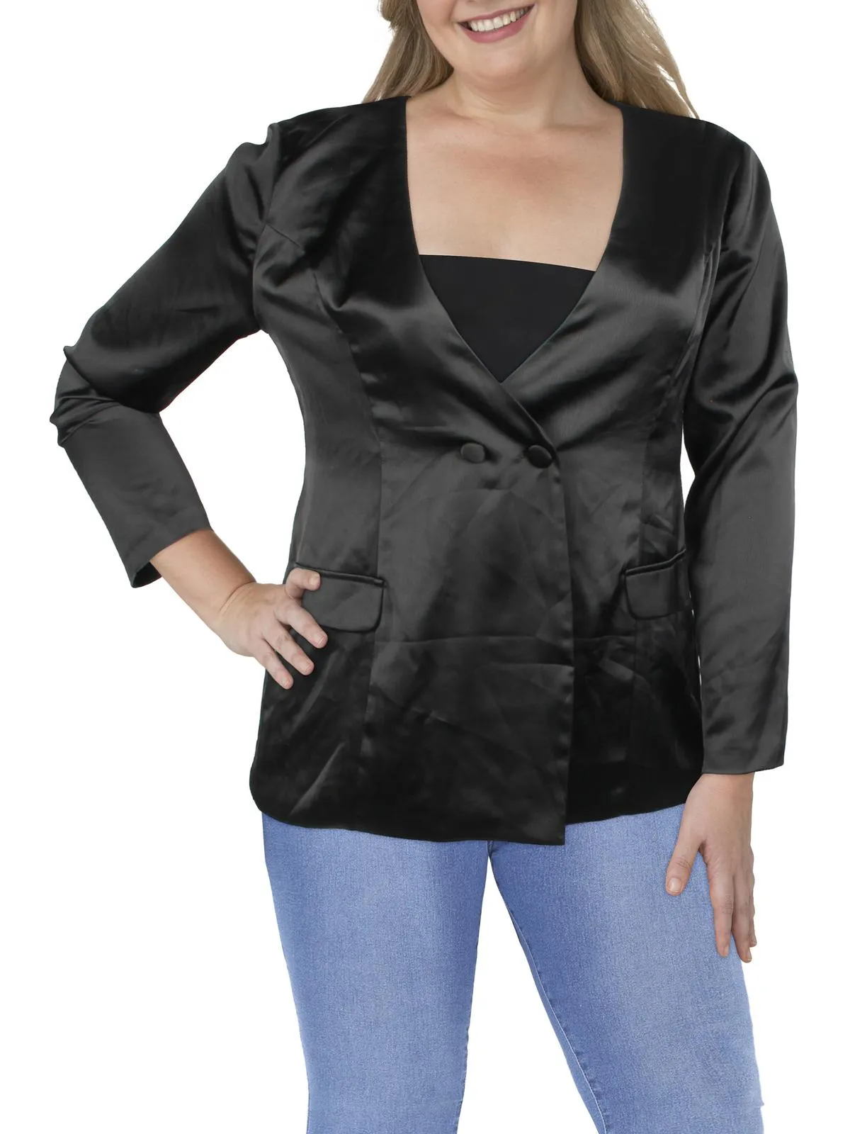 Juniors Womens Satin Open Back One-Button Blazer