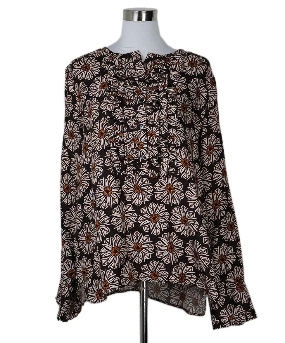 La Double J Brown & Pink Print Silk Shirt sz 10