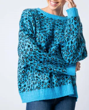 Leopard Mohair Crewneck Sweater In Blue