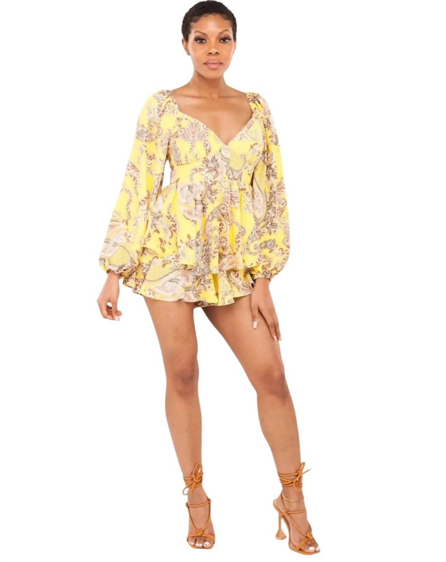Long Sleeve Romper In Yellow Multi