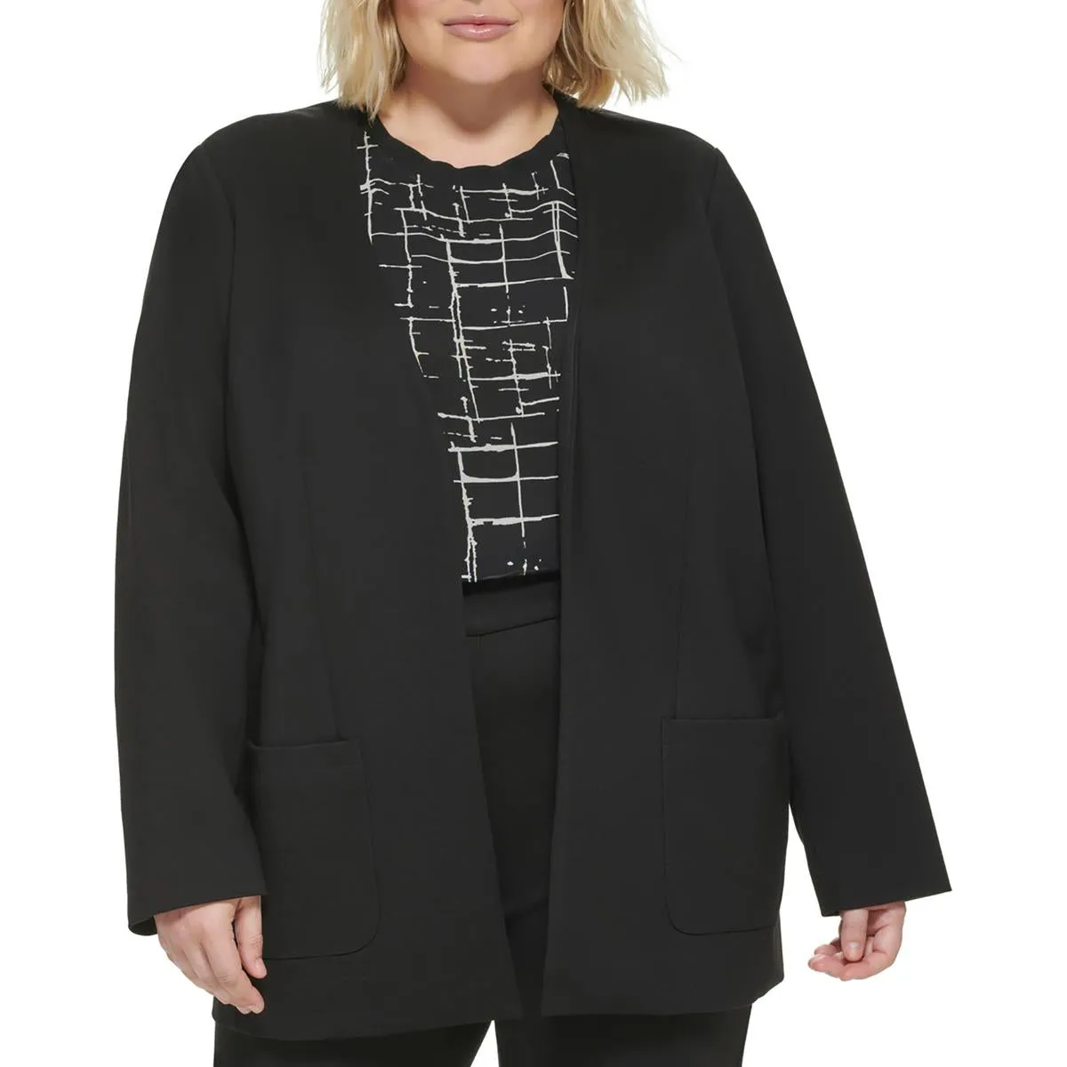 Plus Womens Solid Ponte Collarless Blazer