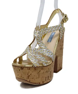 Prada Silver & Gold Leather Cork Platform Sandals sz 7