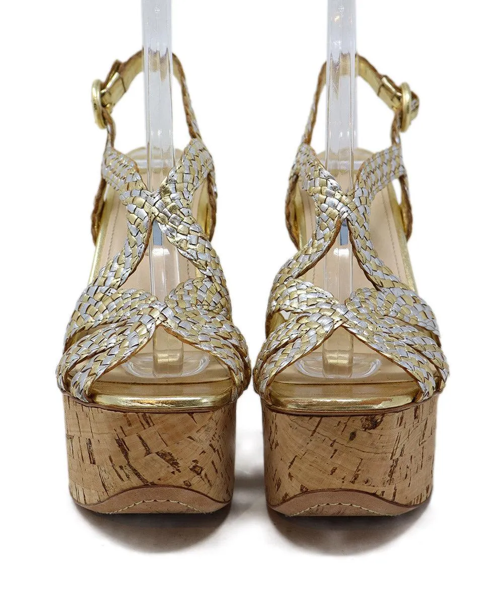 Prada Silver & Gold Leather Cork Platform Sandals sz 7