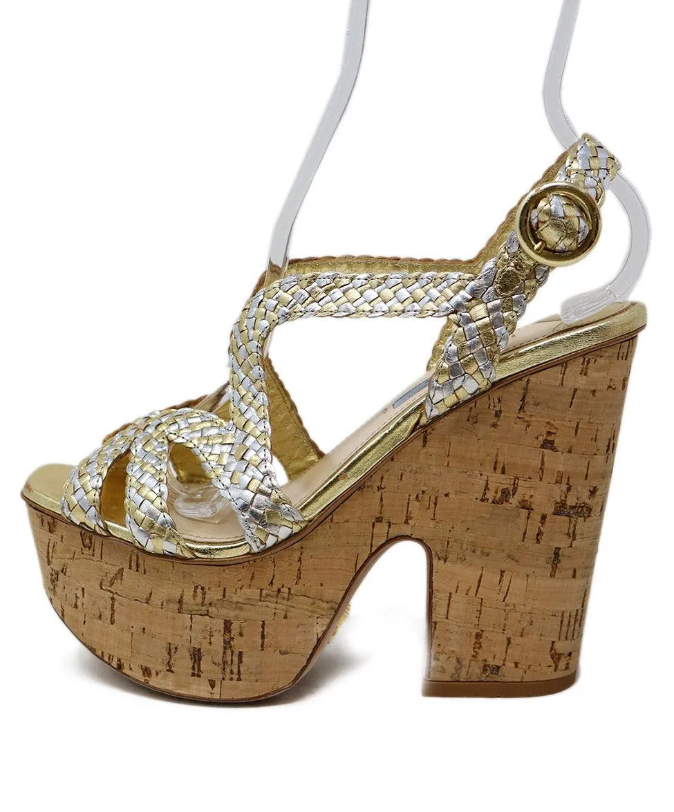 Prada Silver & Gold Leather Cork Platform Sandals sz 7